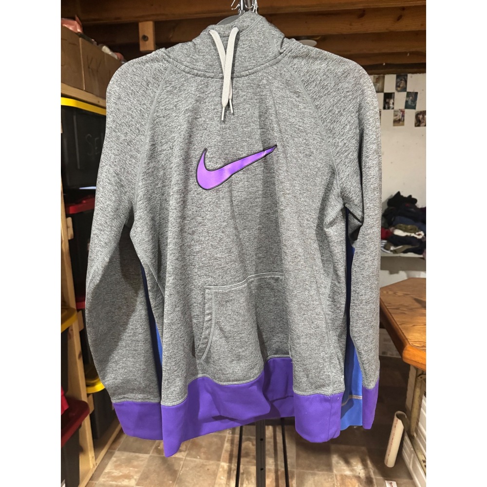 Nike Therma-FIT Kids Large‎ Grey Purple Colorblock Swoosh Pullover Hoodie
